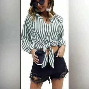 Zeagoo Button Down V Neck Tie Knot Cotton Long Sleeve Casual Blouse Size Medium